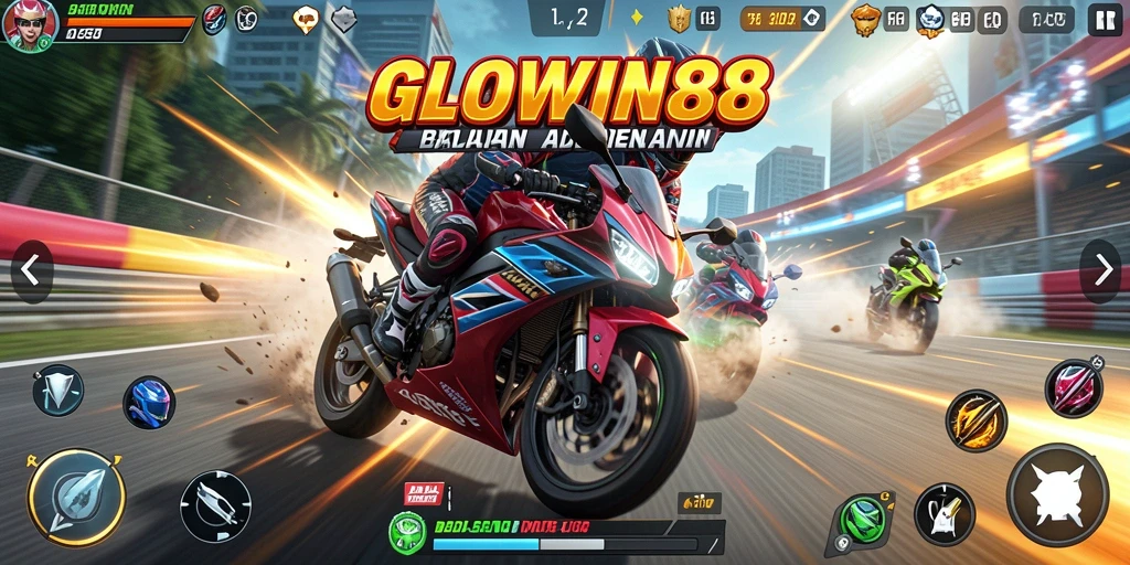 Gameplay GLOWIN88 dengan motor balap yang cepat dan menantang.