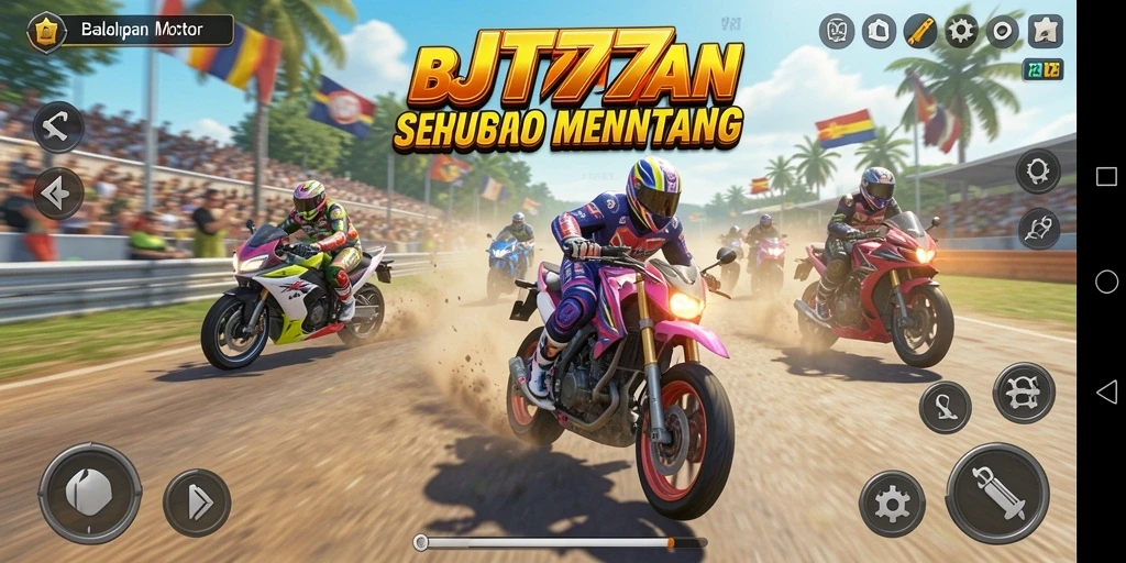 Tampilan utama gameplay JT777 menampilkan balapan motor di trek yang menantang.
