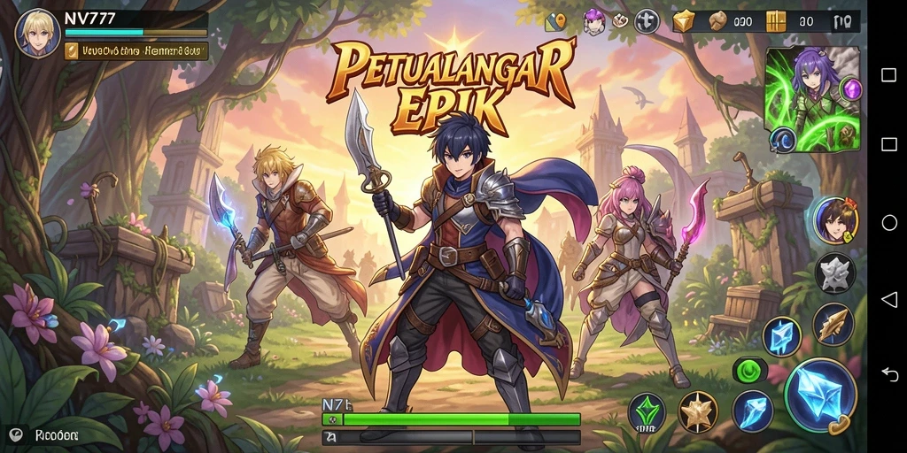 Screenshot gameplay NV77 menampilkan karakter Anime yang dinamis dan aksi seru.