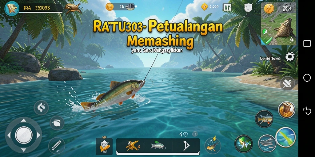 Tampilan gameplay <strong>RATU303</strong> saat menangkap ikan di danau yang indah.