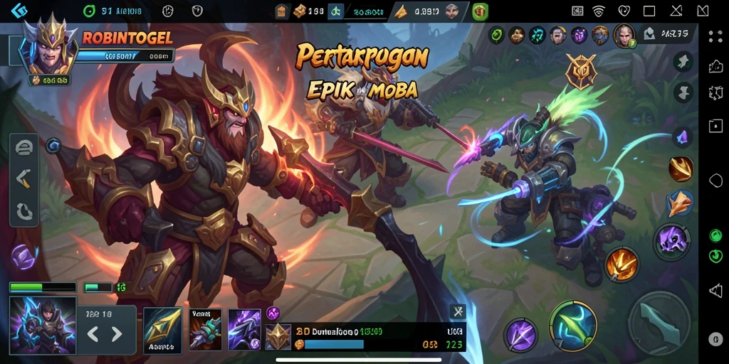 Tampilan dinamis gameplay ROBINTOGEL dengan hero bertarung.