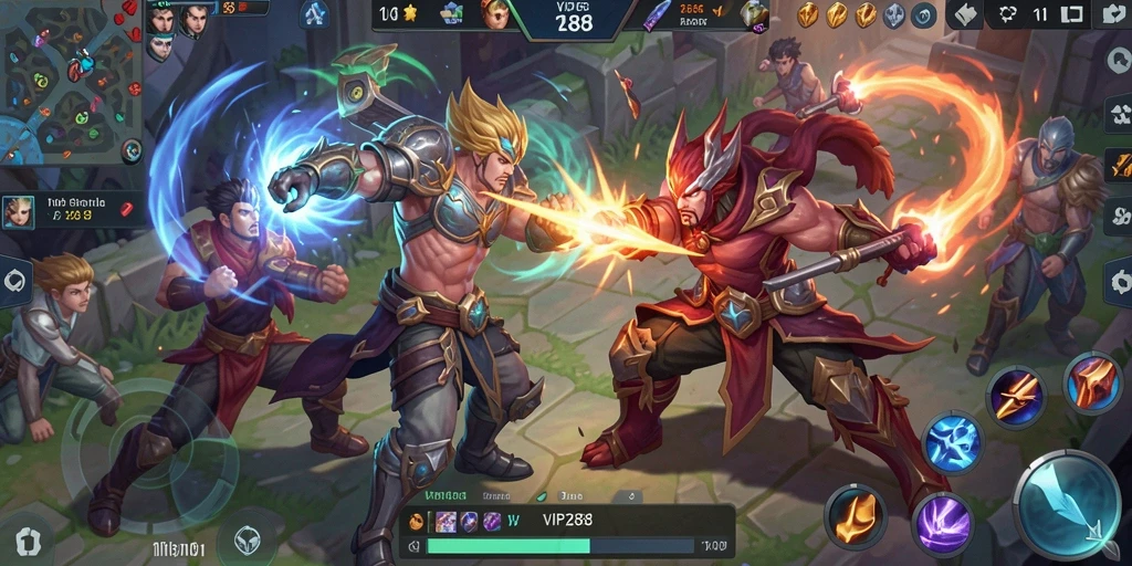 Screenshot menampilkan pertarungan intens dalam game MOBA VIP288.